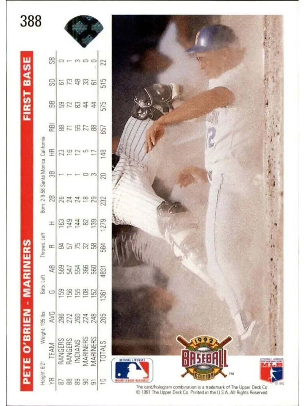 Pete O'Brien 1992 Upper Deck MLB #388 Baseball Card Seattle Mariners